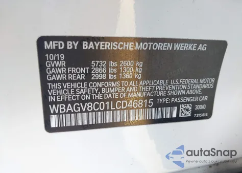 2020 BMW M850I Gtan Coupe xDrive z USA, uszkodzony, nr VIN WBAGV8C01LCD46815